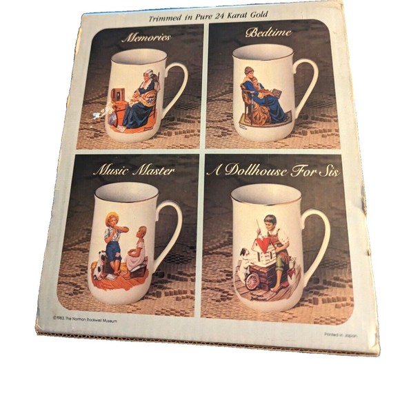 Vintage Norman Rockwell 4 mugs trimmed in 24k gold preowned - Picture 1 of 4